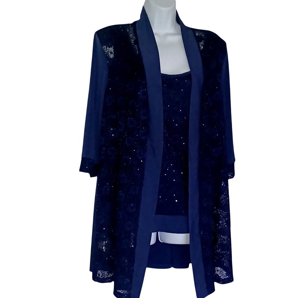 NWT Oleg Cassini David’s Bridal Navy Sequin Lace Pantsuit MIL Womens SZ 16 3pc